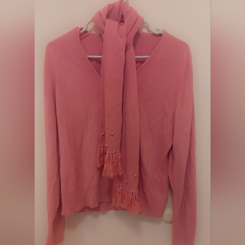 Debbie Morgan pink Sweater & Removable Scarf w/ Rhinestones Size XL Elegant
